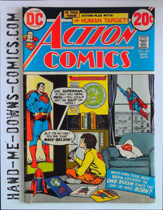 Action Comics 422 - 1973 - Very Good/Fine  Cover by Nick Cardy. The TV Show That Menaced Metropolis! - story by Cary Bates, art by Curt Swan, inks by Murphy Anderson. The Shadows-of-Yesterday Contract! - story by Len Wein, art by Dick Giordano. Christopher Chance, origin of the Human Target. Cover price $0.20
