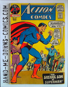 Action Comics 410 - 1972 - Very Good  Cover by Nick Cardy. 52 Big Pages. The Satanic Son of Superman - story by Cary Bates, art by Curt Swan, inks by Murphy Anderson. Healing Hands from Beyond! - story by Cary Bates, art by John Calnan, inks by Murphy Anderson. Teen Titans back-up stroy reprint - The Secret Olympic Heroes - story by Bob Haney, art by Nick Cardy. Cover price $0.25