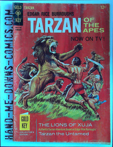 Tarzan of the Apes 164 - 1967 - Fine/Very Fine  Number 10012-702, February. Issue 164. Cover art by Russ Manning and George Wilson. Several pages of Tarzan's Ape-English Dictionary - art by Jesse Marsh. The Lions of Xuja - adapted from Edgar Rice Burroughs original novel by Gaylord Du Bois, art by Russ Manning. The Trading Post - text story, art by Nat Edson. Leopard Girl: Buried Alive - story by Gaylord Du Bois, art by Tom Massey. Cover price $0.12