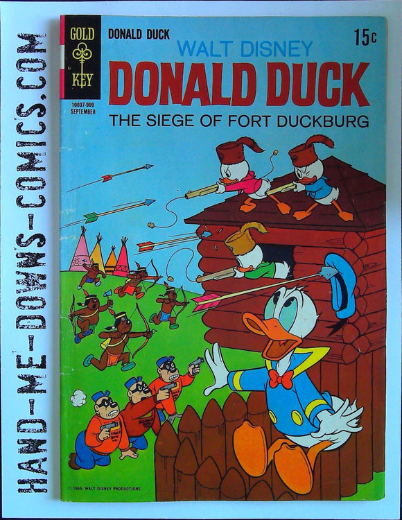 Walt Disney's Donald Duck 127 - 1969- Very Good  Number 10030-909, September. Issue 127. Cover by Tony Strobl. Stories by Vic Lockman and others unknown. Art by Tony Strobl, Kay Wright, John Carey, Steve Steere and Larry Mayer. Donald Duck: The Siege of Fort Duckburg. Goofy: The Destroyer. Top Trail-Marker - text story. Donal Duck: Bird-Bothered Hero. Several pages of Gold Key Club Comics features. Cover price $0.15