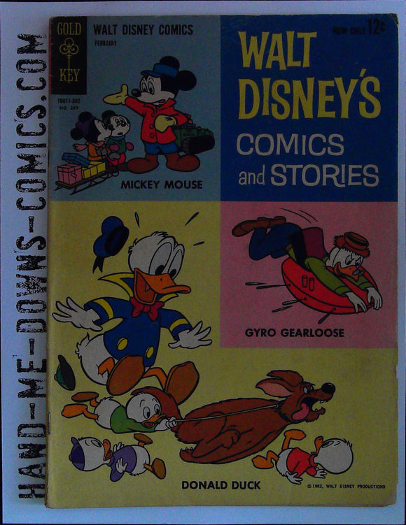 Walt Disney's Comics and Stories 269 - 1963 - Carl Barks - Fair/Good  Number 10011-302, Issue 269. Donald Duck: Inside Cover. Donald Duck: A Matter Of Factory.  Ludwig Von Drake: Exported Expert. Li'l Bad Wolf: A Wolf at The Door. Mickey and Minnie: Teakettle Magic text story. Gyro Gearloose: Wayward Washer. Mickey Mouse: Big Day at Whistlestop. Donald Duck: Half page story. Cover price $0.12